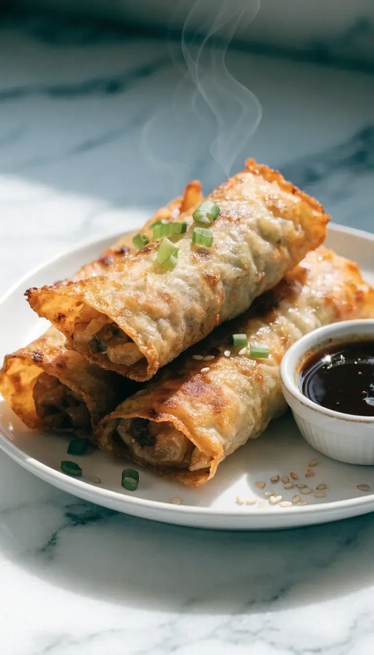 Finished presentation with dipping setup: a pristine white plate stacked with 3–4 air-fried egg rolls fanned slightly, accompanied by a small ramekin of soy-ginger dipping sauce and a scatter of sesame seeds. Show the wrapper’s crisp texture and a couple of steam wisps rising. Background: white marble surface with a soft gray vignette, natural light from the left, using a wide aperture to keep the focus on the egg rolls while the sauce bowl and seed garnish add depth. Include a light sprinkle of finely chopped scallions as a final touch, and ensure no people are in frame.