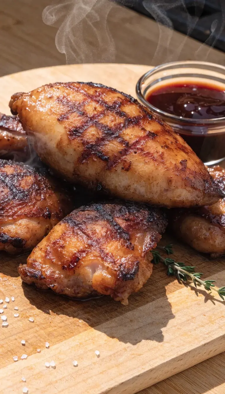 A close-up, high-contrast shot of air-fried chicken breast and chicken thigh pieces arranged on a wooden board. Emphasize a crisp, caramelized exterior with visible grill-like crosshatch marks. Include a small ramekin of BBQ glaze, a sprig of fresh thyme, and coarse sea salt scattered nearby. Use natural light from the side to highlight juiciness and textures, with steam appearing just slightly. Background: light wooden surface and a hint of a grill grate blurred in the distance for context.