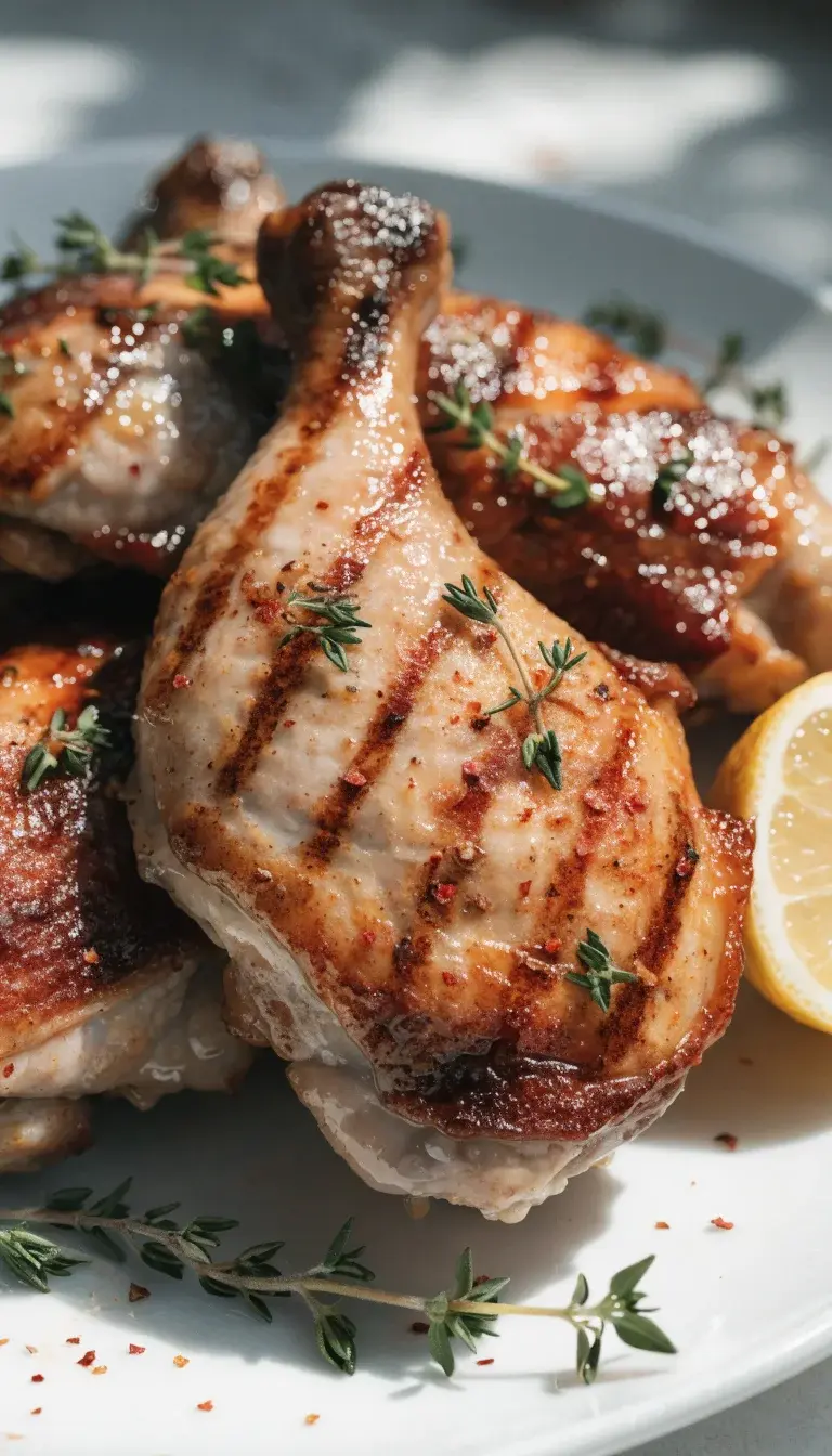 An artistic close-up of crosshatch grill-marked chicken thighs on an air-fryer finish line: focus on the surface texture with crisp edges, sweating juices, and a reflective glaze. Surround with a minimal setup: half-cut lemon, thyme sprigs, and a sprinkle of red pepper flakes on a clean white plate with a soft-shadowed background. Shot at a slight angle to emphasize the thickness of the meat and the sear lines, using natural light to enhance the savory brown tones and moisture sheen.