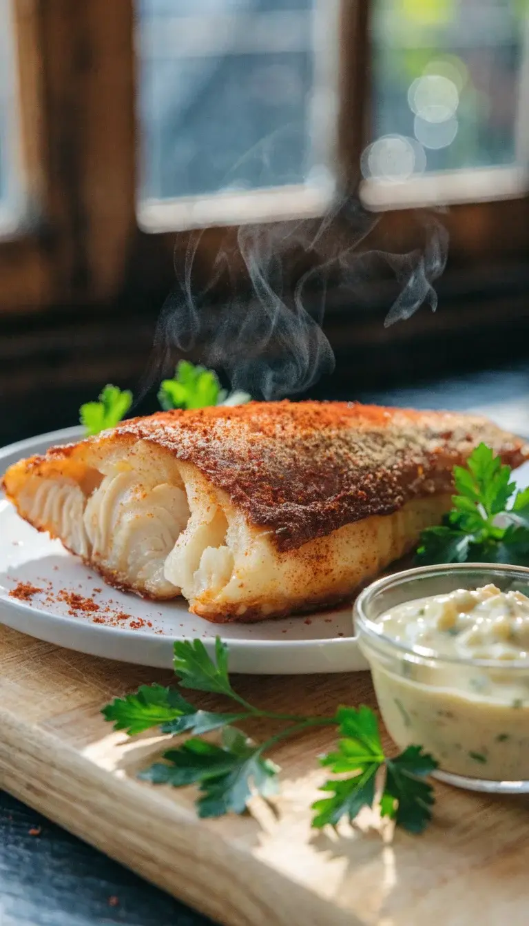 A close-up shot of a single catfish fillet in a crisp lacquered crust, lifted slightly to show a steaming, flaky interior. Plate sits on a light wooden cutting board, with a dusting of paprika and garlic powder visible on the crust. Surround with a small ramekin of tangy lemon-garlic aioli, a pinch of cayenne sprinkled on the plate, and scattered fresh parsley for color. Natural window light, shallow depth of field, warm tones.