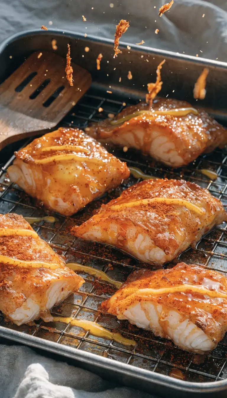 Action-style still life: a wooden spatula resting beside an air fryer tray lined with a rack of evenly coated catfish fillets, showing the crust’s lacquered sheen and tender interior just visible at the edges. Include a light sprinkle of paprika on the plate and a drizzle of lemon juice across the tray to hint at brightness. Use natural morning sunlight, minimal props, and a simple minimalistic backdrop to keep the focus on texture and color contrast between the golden crust and pale flaky meat.