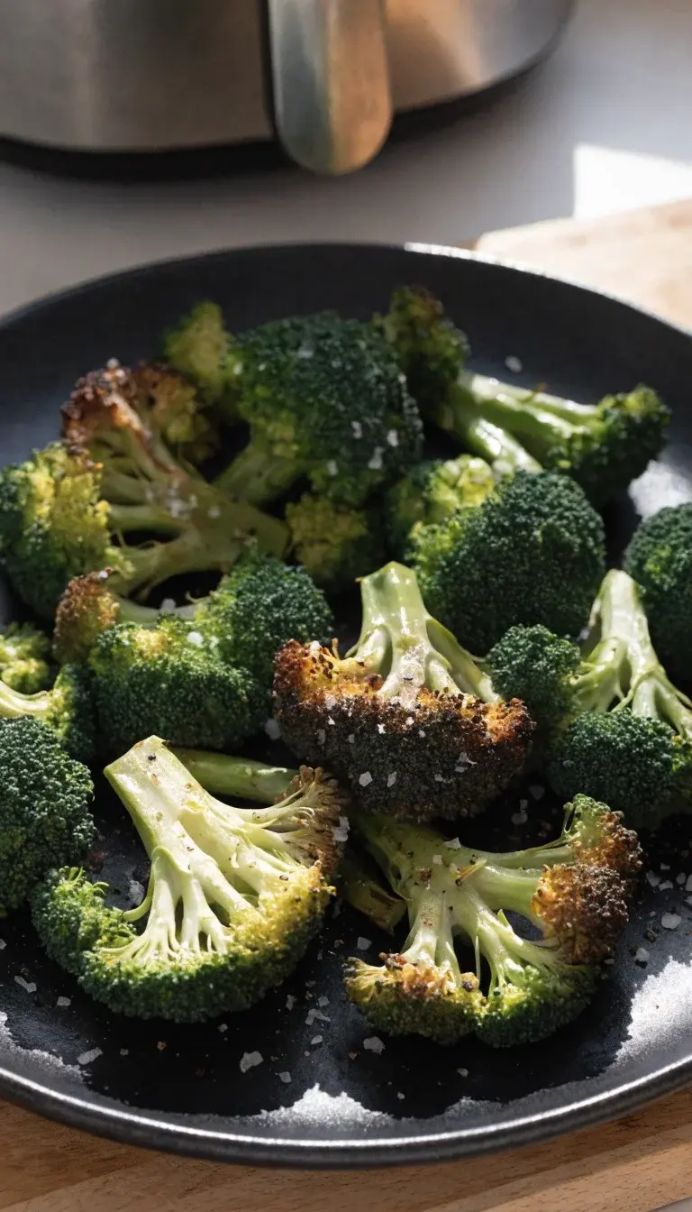 Close-up of a glossy, crisp-edged broccoli florets spread in a single layer on a matte black plate, with caramelized tips catching a warm natural light from a window. Include a light drizzle of olive oil sheen, a pinch of flaky sea salt, and a sprinkle of cracked black pepper. Background: a minimalist wooden cutting board and a blurred air fryer handle in the distance to imply the cooking method, no people. Emphasize texture: crunch on the florets, slight char, and vibrant green tones.