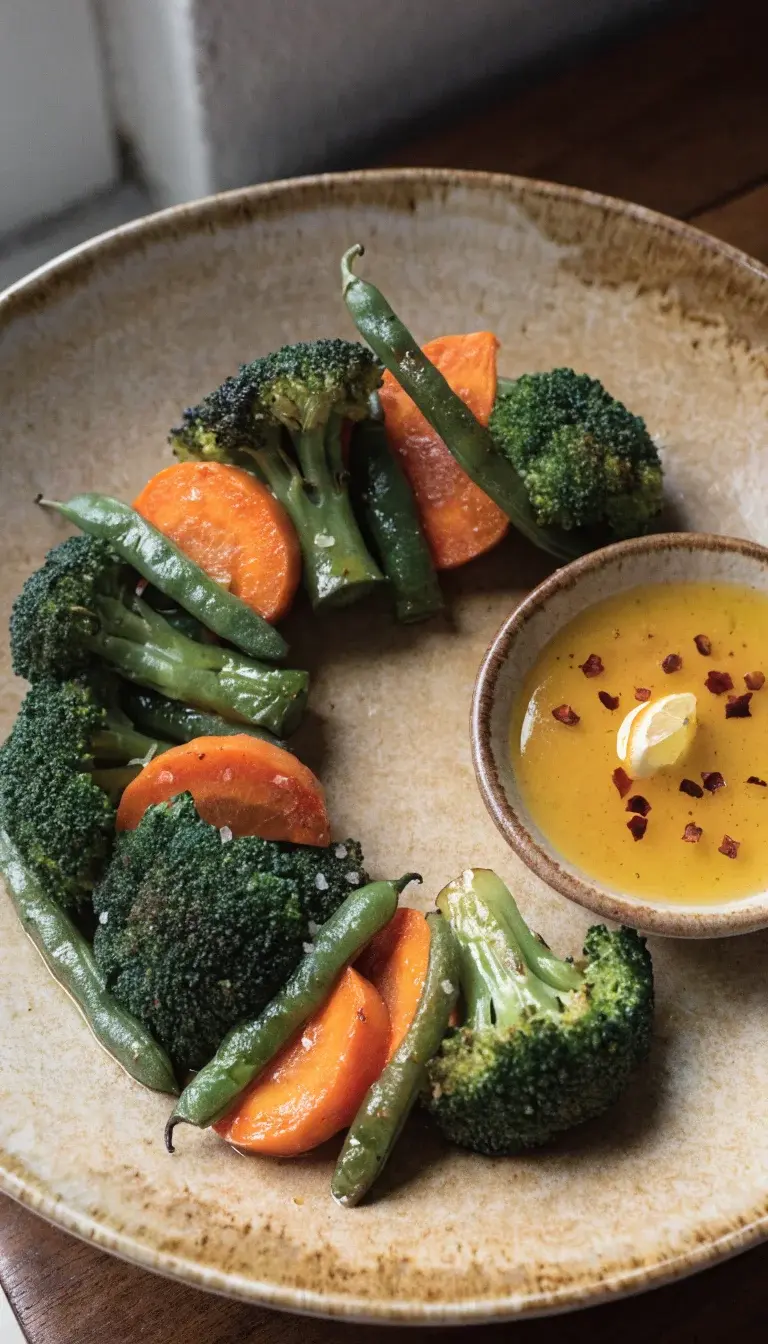 Mixed veggie blend spread in a crescent-shaped formation on a warm-toned ceramic platter, showing a range of textures from crisp edges to tender centers. Include a side of dipping oil with a tiny squeeze of lemon and a few chili flakes for color. Shot from a slightly elevated angle to capture the texture contrast—carrots’ sweetness, broccoli’s roasty edges, and green beans’ snap. Natural lighting, no people, and a minimal kitchen backdrop to keep the focus on the sheen, crunch, and seasoning.
