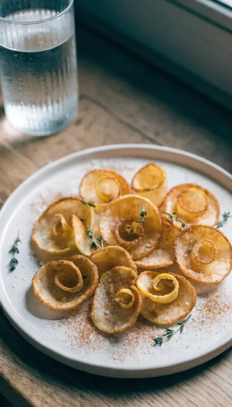 Prompt 1: Close-up flat lay of sea-salted air-fried apple chips arranged in a delicate, overlapping circle on a matte white ceramic plate. Use natural window light to emphasize warm golden-brown edges and crisp texture, with a shallow depth of field to softly blur a greenery herb garnish (thin lemon thyme sprigs) and a light dusting of cinnamon sugar scattered around. Include a subtle background of a clean wooden kitchen counter and a glass of water with condensation, to suggest a fresh, cafe-inspired snack vibe.