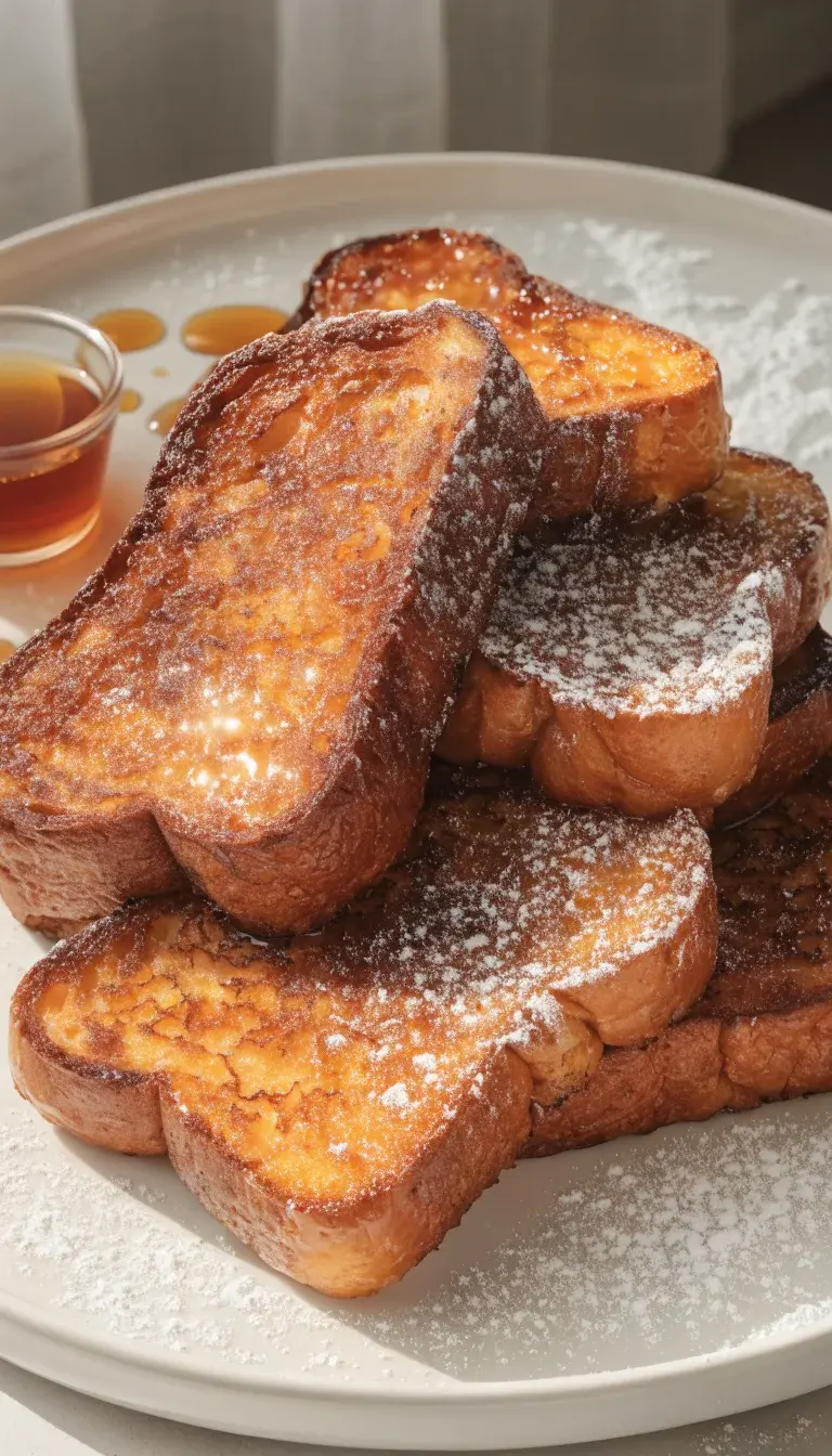 Focused close-up of air-fried French toast slices: thick-cut brioche soaking with a glossy custard sheen, crisp golden-brown edges, and a delicate crackle texture. Shoot from a slight top-down angle to showcase the dusting of cinnamon and a subtle vanilla-nutmeg glow. Include a light oil spray mist on the surface for sheen, a small ramekin of maple syrup with a few droplets, and a sprig of powdered sugar dusting for contrast. Natural window light, clean white plate, and soft, neutral background to keep the toast as the star.