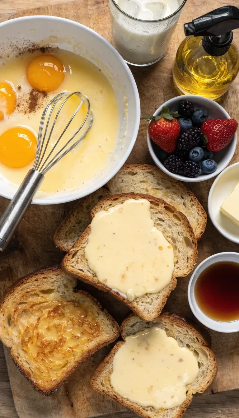Assembly and toppings spread: a flat-lay composition showing the mise en place for making air-fryer French toast—day-old brioche slices, a custard bowl with eggs, milk, vanilla, cinnamon, and a pinch of nutmeg, a spray bottle of oil, and small bowls of toppings (maple syrup, fresh berries, and a pat of butter). Highlight the contrast between the crisp, caramelized edges of the bread and the glossy custard-soaked centers. Include a glass of cold milk or coffee in the background, natural light casting gentle shadows, and a clean wooden board or slate backdrop to emphasize a fresh, morning prep vibe.