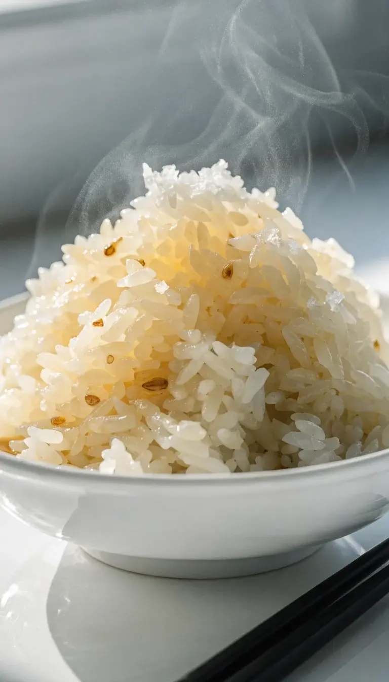 A close-up, high-contrast shot of fluffy air-fried white rice plated in a shallow white bowl. Highlight the light golden, slightly toasted exterior with a tender, steamy center. Include a few grains sprinkled with a pinch of sea salt and a light drizzle of sesame oil, with a pair of chopsticks resting beside the bowl. Use natural window light to create soft shadows and a clean, minimal background.