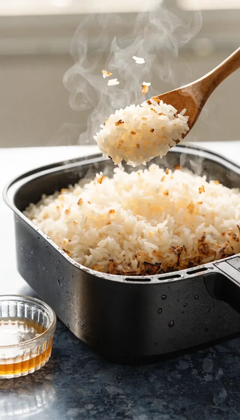 Action-style still life focusing on the cooking technique: a wooden or silicone spoon scooping freshly cooked, lightly toasted rice from a modern air fryer dish or tray, with visible crisp edges and glossy steam. Include a small ramekin of light soy sauce or a splash of rice vinegar nearby, and a clean, uncluttered backdrop. Use natural daylight to highlight the contrasting textures—crispy edges against tender centers—and a polished, professional food photography look.
