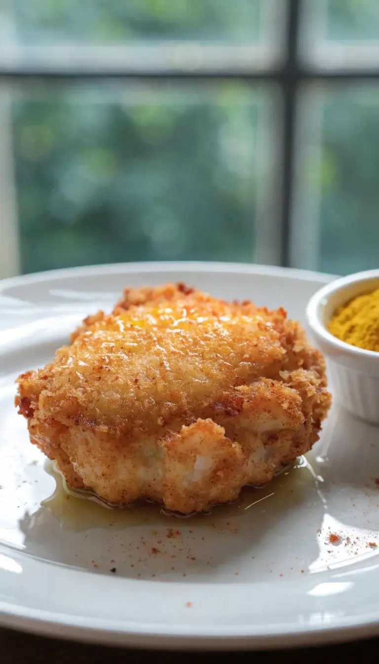 [Close-up macro of a single air-fried chicken cutlet resting on a crisp, golden-brown crust, showing a flaky breadcrumb coating with a subtle paprika tint. Include visible textures from the dredge (flour, egg wash, breadcrumbs) in a shallow depth of field. Plate on a clean white surface with a light drizzle of olive oil, a few sprinkled garlic powder and paprika specks nearby, and a small ramekin of mustard powder for color contrast. Natural window light from the side to emphasize sheen and juiciness.]