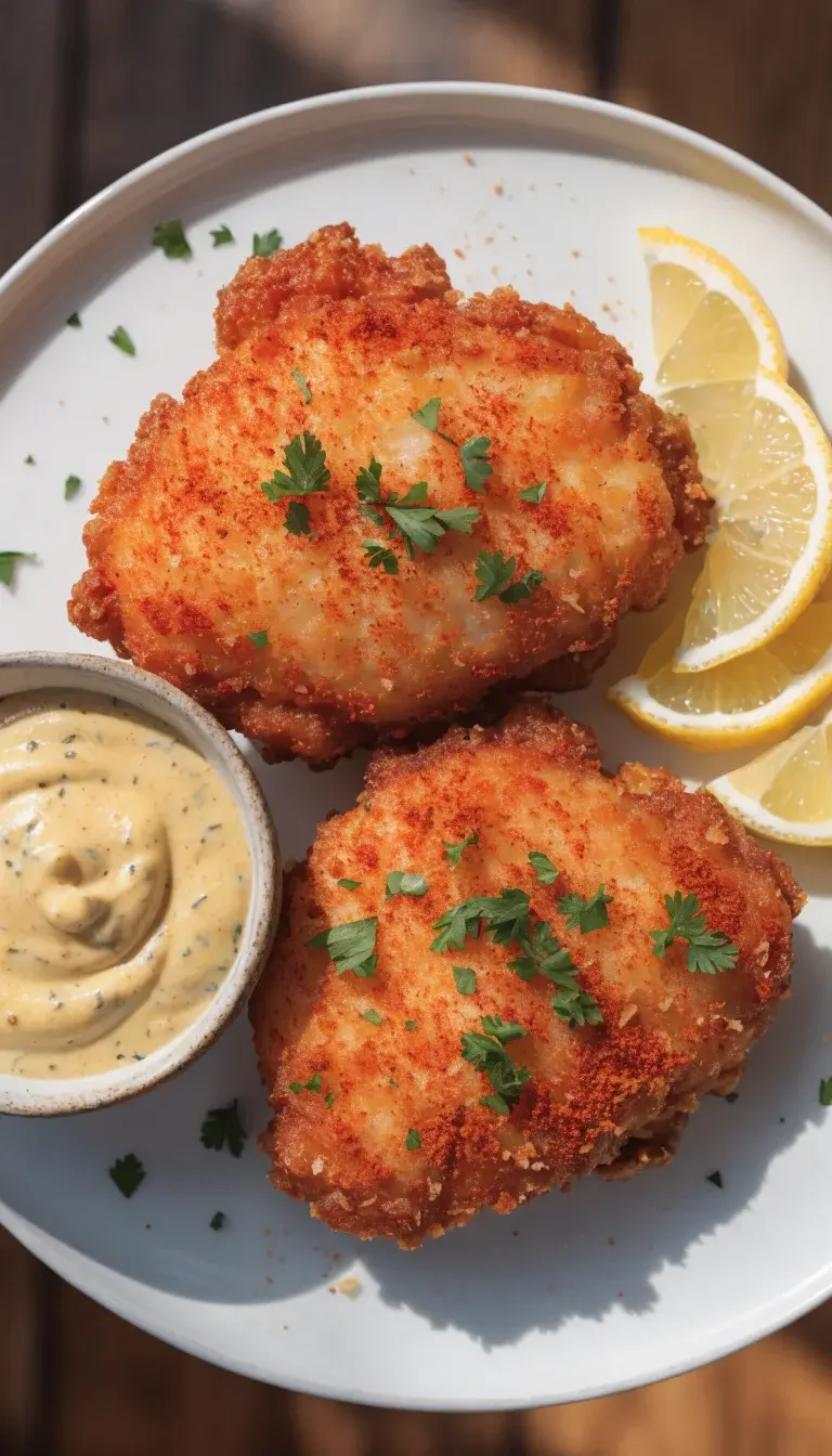[Styled plate detail featuring a completed serving of air-fried chicken cutlets plated with garnish and dipping options. Present two cutlets on a white plate with a side of lemon wedges, a small bowl of mustard powder-mixed dip, and a scatter of chopped parsley for color. Emphasize the bold seasonings by including visible paprika dusting on the surface and a light breadcrumb crunch. Shoot from a slightly angled top-down perspective with bright, natural kitchen light to enhance the crisp texture and succulent interior visible at the cut edges.]
