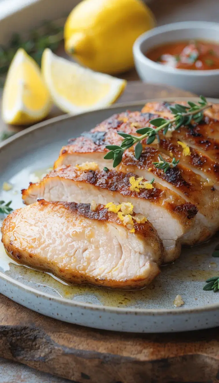 A close-up studio-style shot of a grilled-air-fryer chicken breast sliced to reveal juicy, moist interior and a caramelized crust. Plate on a rustic wooden board with a light olive oil glaze sheen, lemon zest flecks, minced garlic, and a sprig of thyme. Natural window light from the side to enhance the golden crust and subtle grill marks, shallow depth of field blurring background ingredients like lemon wedges and a small bowl of marinade.