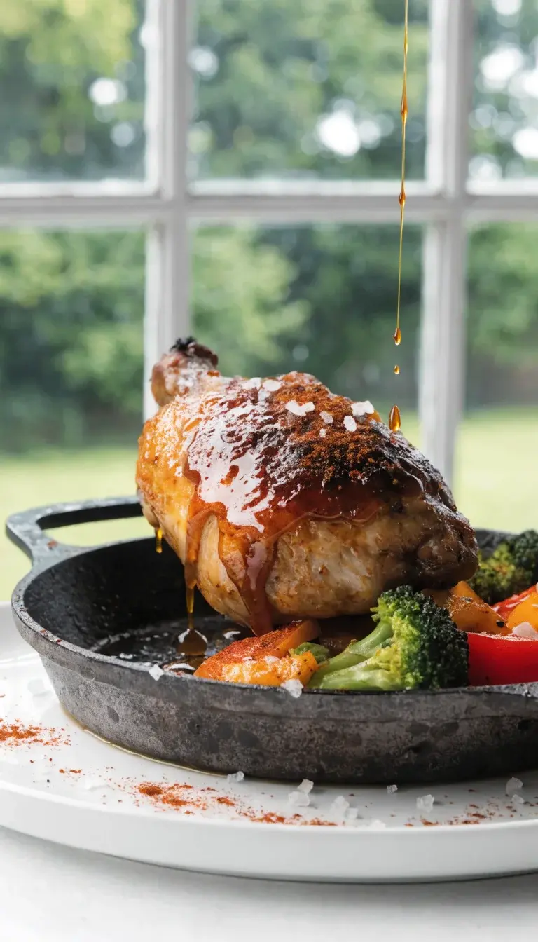 Action-style still-life: a single chicken thigh resting on a cast-iron skillet showing crisp crust and juiciness, with a drizzle of glaze catching the light. Include a side of vibrant sautéed vegetables (bell peppers, broccoli) for color contrast, and a sprinkle of paprika and flaky sea salt on top. Use natural window light to highlight texture contrast between crispy exterior and tender interior, minimal shadows, and a clean white plate to pop the colors.