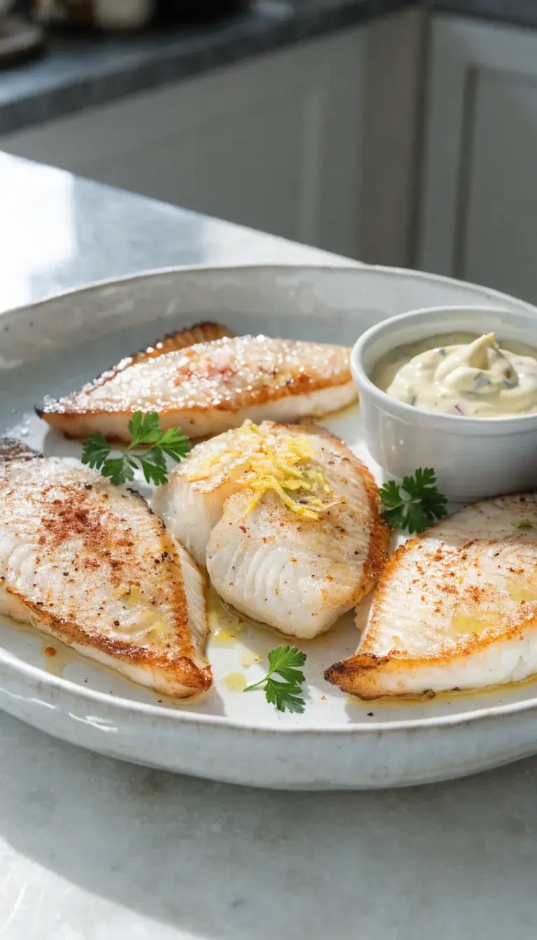 A pristine close-up of four flounder fillets arranged in a shallow white ceramic dish, showing a crisp, golden-brown edge and tender, flaky white centers. Include a light drizzle of olive oil sheen, a sprinkle of sea salt, a pinch of paprika, and a few lemon zest shavings for color. Background: neutral kitchen counter with natural daylight streaming from the left, subtle shadows, and a minimal garnish of fresh parsley. Optional: a small ramekin of tartar sauce off to the side.