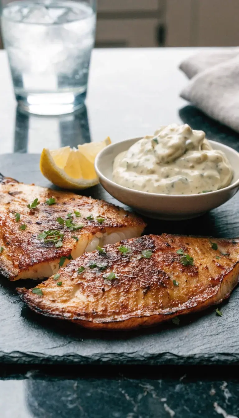 Serving moment with dipping accompaniments: flounder fillet halves arranged on a rectangular slate board accompanied by a small dish of tartar sauce, a lemon half, and a light sprinkle of paprika and minced parsley. Emphasize the contrast between the flaky white flesh and the crisp crust, oil sheen on the surface, and a subtle herb-toasted aroma. Lighting: soft, diffused natural light from the side to enhance texture; composition includes a folded napkin and quiet, modern kitchen backdrop.