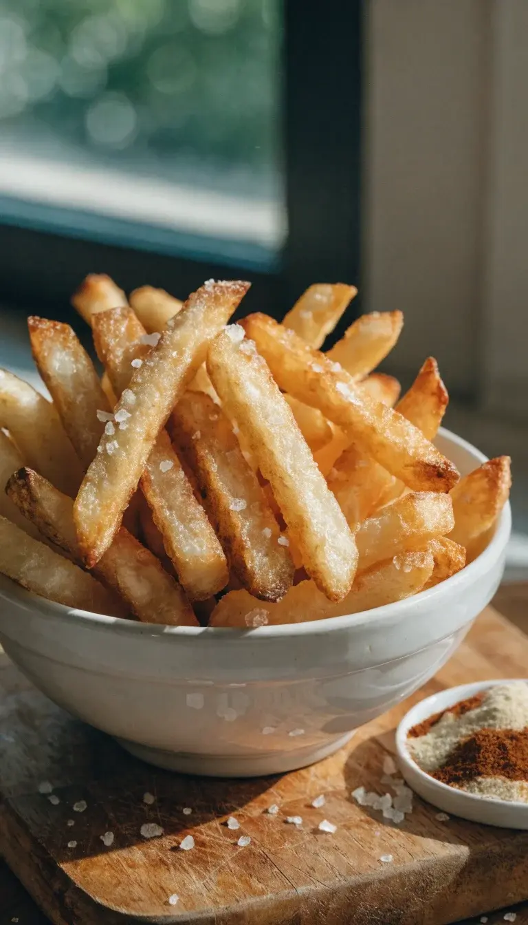 Crispy air-fried fries close-up: a bowl of evenly cut 1/4-inch Yukon Gold and Russet batons dusted with a light spray of oil, showcasing blistered edges and fluffy interiors. Scene is on a clean wooden cutting board with a fork-told patina, sea salt crystals scattered, and a small ramekin of smoky paprika and garlic powder. Natural window light from the side to emphasize texture and sheen, minimal garnish, no people.