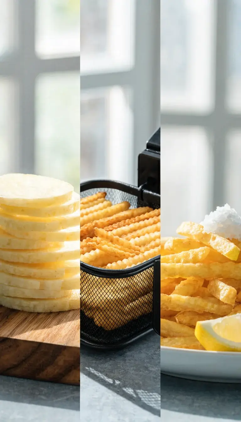 Process-ready montage still: a vertical sequence in one frame or a composite showing the cutting technique and drying step. Left panel: sliced potatoes stacked neatly to 1/4 inch thickness on a wooden board. Middle panel: crisping air fryer basket—fries arranged in a single layer with visible air-flow crisp texture. Right panel: final plated fries plated in a tidy mound on a white plate, with a lemon wedge for color contrast and a pinch of flaky sea salt on top. Natural light from a window, sterile kitchen counter setting, emphasizing texture, color, and uniformity.