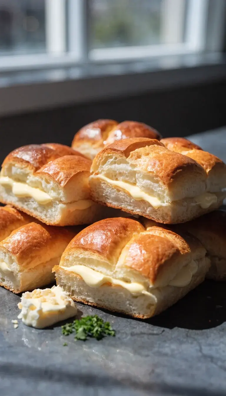 A close-up, high-contrast shot of halved brioche buns split open and lightly toasted in an air fryer, butter melted along the edges. Include a small pat of garlic butter and a sprinkle of finely chopped parsley on a clean slate countertop. Colors: golden, warm browns, pale buttery yellows. Textures: glossy butter, fluffy interior, crisp crust. Natural light from side window, shallow depth of field, minimal props, no people.