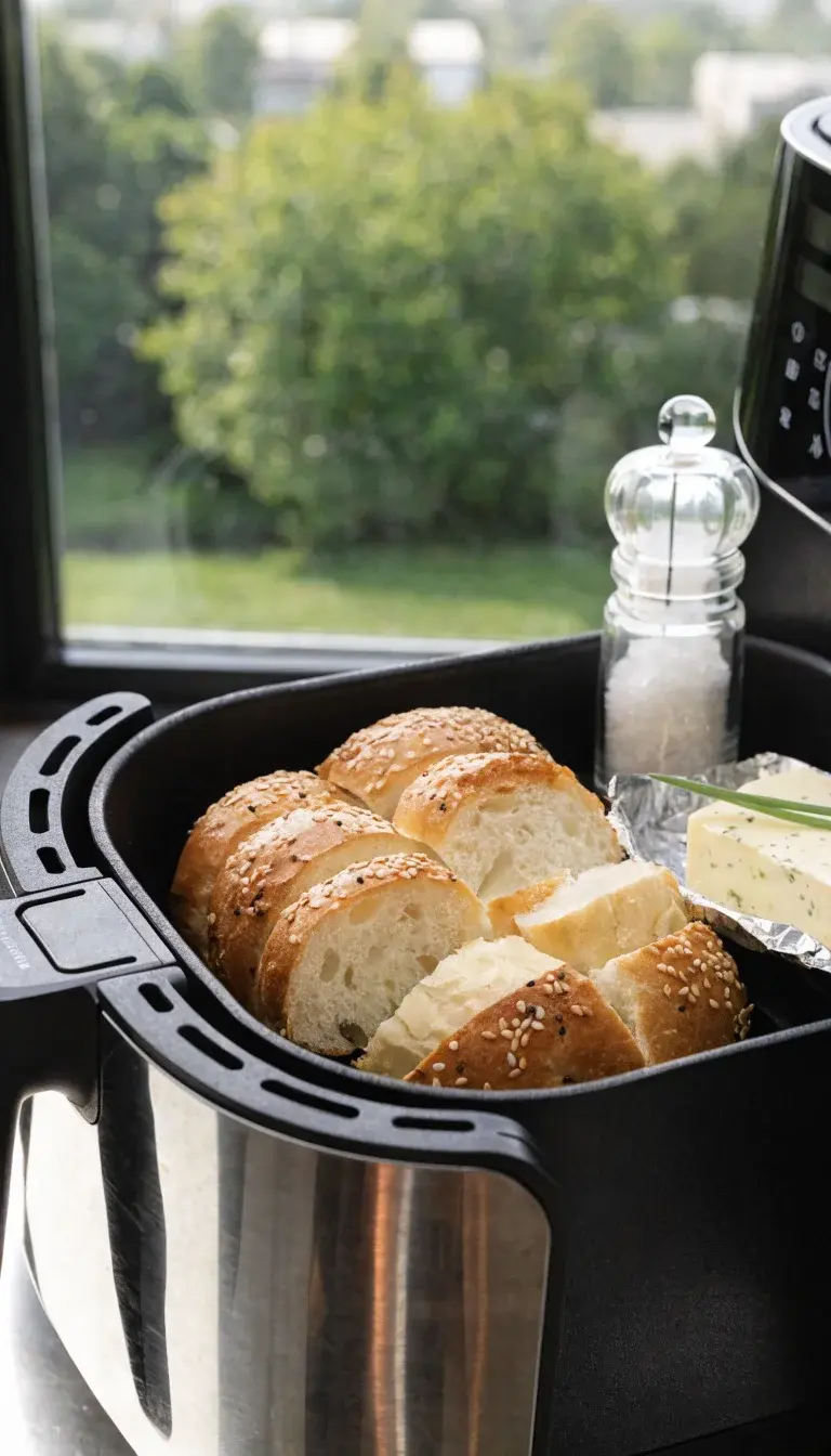 Golden garlic butter pretzel bun slices toasting in the air fryer, with sesame and poppy seeds visible on the crust. Shot from a slight angle to capture the toasty edges and light dusting of sea salt. Include a small glass grinder of sea salt, a pat of herb-infused butter, and a sprig of chives as garnish. Natural morning light, clean composition, no clutter, airy and appetizing.