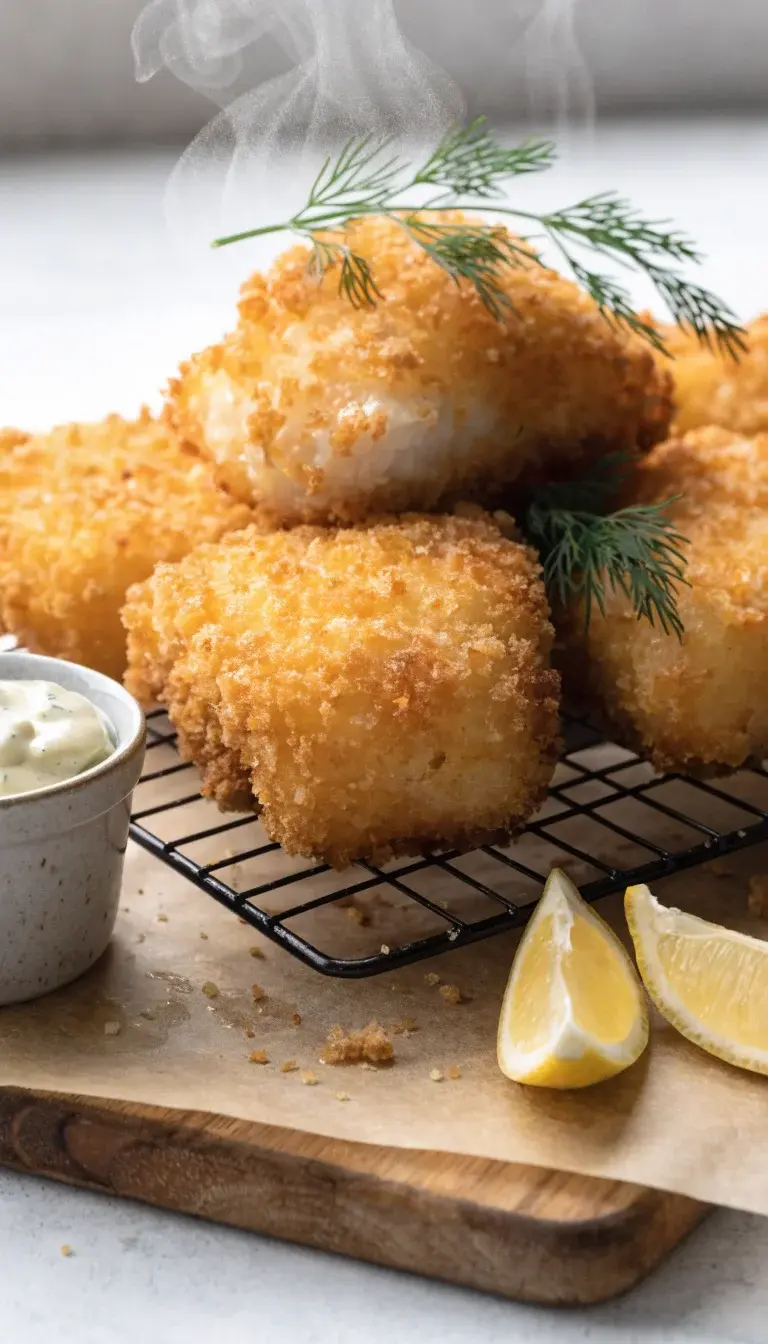 Breadcrumb-Crusted Battered Fish Reheat: A studio-style shot of battered fish pieces reheated on a wire rack set over parchment on a wooden board. Emphasize the ultra-crisp breadcrumb coating with a slight oil sheen, accompanied by a small ramekin of remoulade and lemon wedges. Add fresh dill sprigs as garnish and a clean, minimal background; use soft, diffuse natural light to emphasize texture, with a shallow depth of field focusing on the crust and the steaming interior just peeking through.