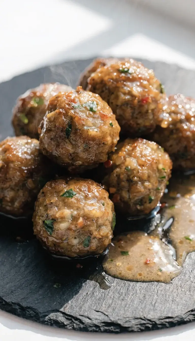 A close-up over-the-top macro shot of glossy, juicy meatballs resting on a dark slate board next to a light drizzle of pan sauce. Highlight the crisp, golden-brown exteriors with visible specks of parsley, minced garlic, and Parmesan. Include a subtle sprinkle of red pepper flakes and a faint steam, suggesting just-out-of-the-air-fryer tenderness. Natural daylight from a nearby window, clean white background, shallow depth of field to blur the background while keeping the meatballs in sharp focus.