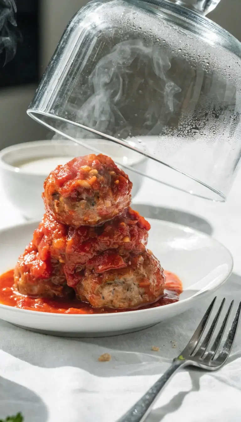 A studio-style shot featuring a glass cloche partially lifted to reveal a stack of 3-4 meatballs on a white plate, steam rising to indicate warmth. Focus on the balance of seasonings—visible flecks of minced garlic, grated Parmesan, and a pinch of red pepper flakes. Surround with subtle props: a fork with a hint of parsley, a small bowl of milk or egg wash in the background, and a few breadcrumbs scattered for texture. Use clean, bright white surface, natural window light, and a shallow depth of field to keep meatballs crisp while softly blurring the background.