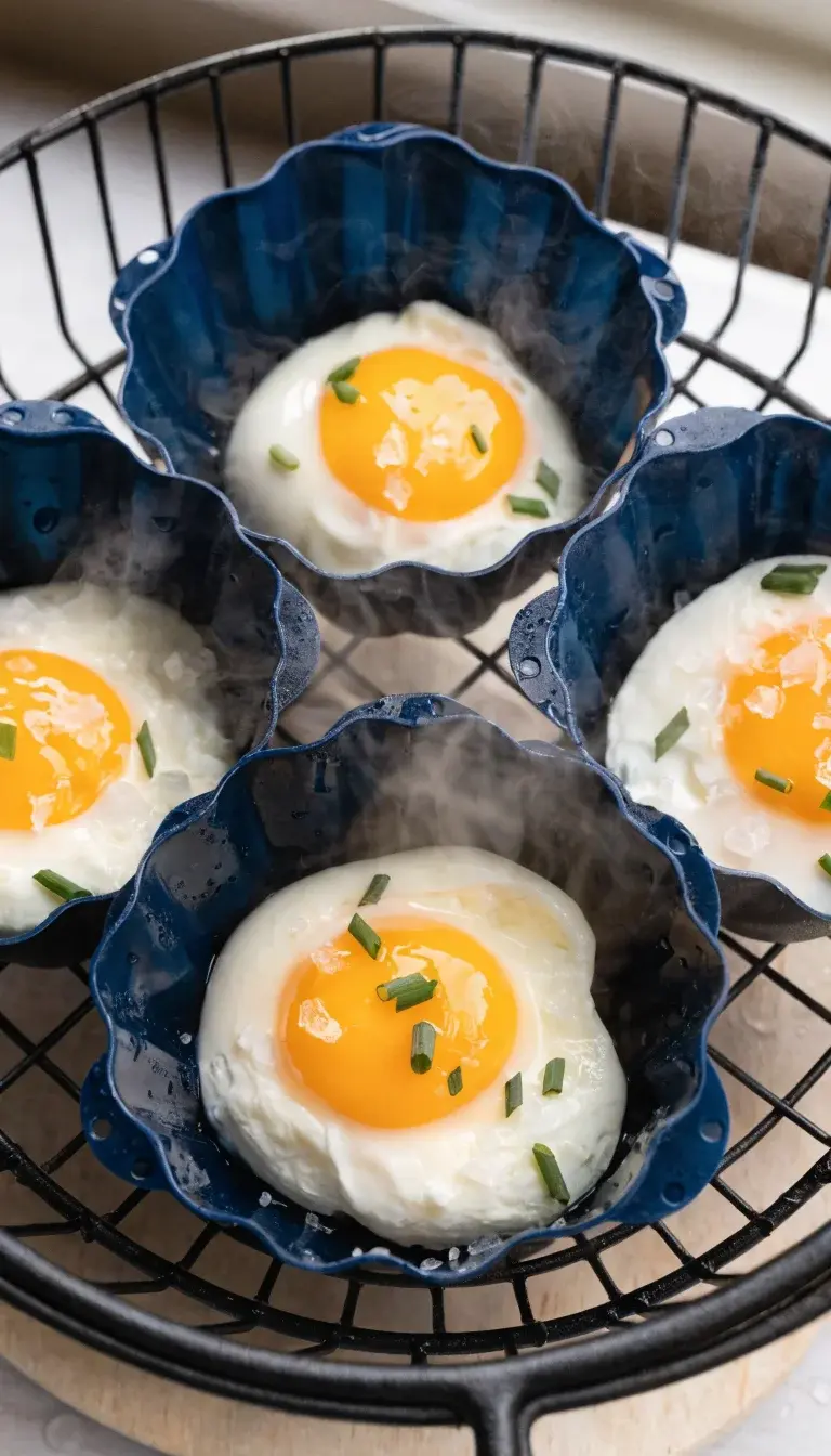 A close-up, top-down shot of four poached eggs nestled in silicone muffin cups inside an air fryer basket, glossy runny yolks visible through the whites, light steam rising. Include a sprinkle of flaky salt and finely chopped chives as garnish, a pale wooden board beneath, natural window light casting soft shadows to emphasize texture and tenderness of the whites and yolks.