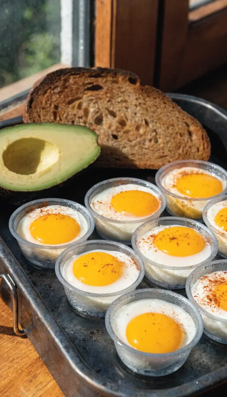 Editorial composition featuring a tray of air-fryer poached eggs in silicone muffin cups, arranged neatly with a halved avocado, a slice of toasted sourdough, and a light dusting of paprika. Emphasize the even heat-set whites and runny yolks, with natural morning light coming from the side to create gentle shadows, showcasing minimal cleanup and the acrylic shine of the silicone cups.