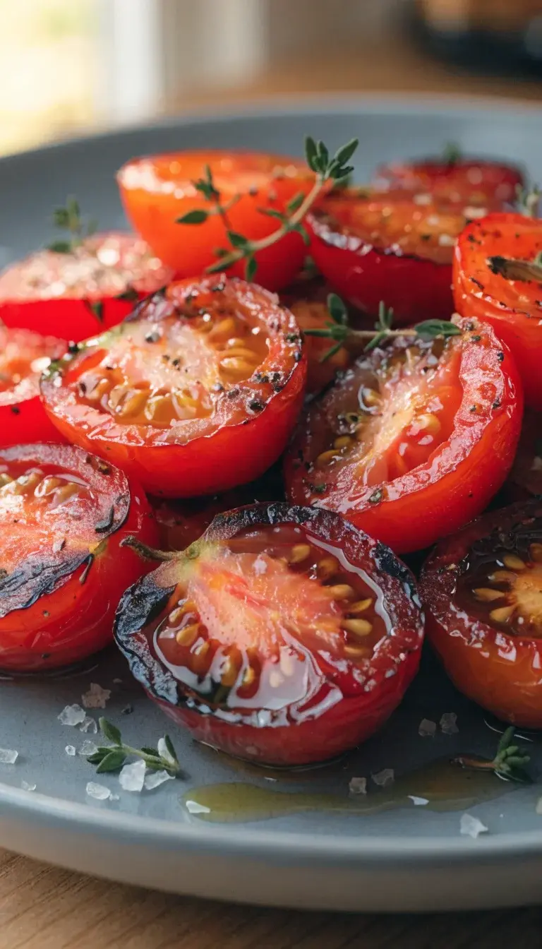 A close-up shot of cherry and Roma tomatoes halved and arranged on a round, slate-tinted plate, showing crisp caramelized edges and juicy centers. Drizzle of olive oil, a light scatter of flaky salt, cracked black pepper, and a few fresh thyme sprigs. Natural window light from the left, shallow depth of field to blur the background, capture the glossy sheen and vibrant red-orange hues.