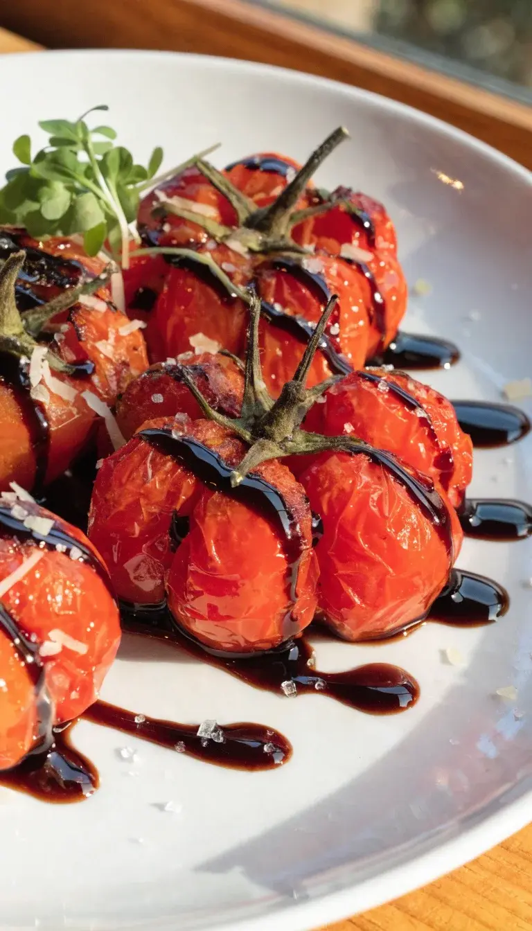 An artful plate of roasted tomato clusters plated with a drizzle of balsamic reduction on a warm white plate, accented by a small cluster of microgreens and a light shaving of parmesan. Focus on the contrast between bright tomatoes and the glossy reduction, capturing crisp edges and a juicy interior. Use natural daylight, subtle reflection on the plate, and a tight crop to emphasize texture, color, and snack-ready presentation.