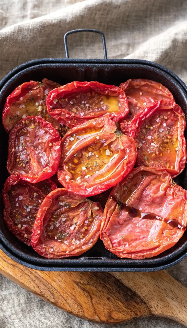 A single-layer air fryer tray of glossy sun-dried tomato halves resting on a rustic wooden board. Emphasize the intense red-pink skins with a light glisten from a slick of olive oil, a pinch of flaky salt, and a few specks of garlic powder and oregano. Add a tiny drizzle of balsamic in a thin line for depth, with a neutral linen backdrop and natural window light casting soft shadows to highlight the chewy, concentrated texture.