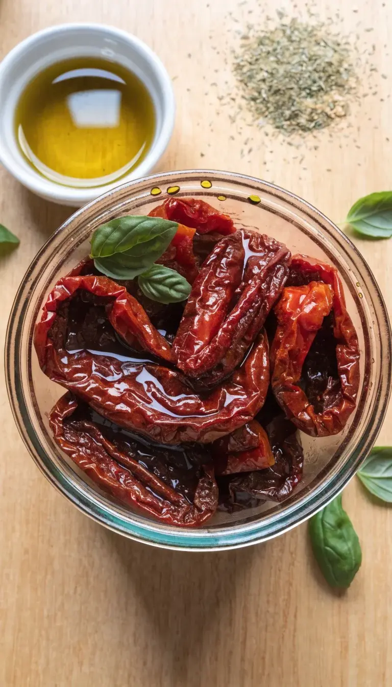 Overhead composition featuring a jar of air-fried sun-dried tomatoes, a small ramekin of olive oil, and a sprinkle of oregano, garlic powder, and a few basil leaves scattered nearby. Show the tomatoes in a few different orientations to reveal their pliable texture, with a light balsamic drizzle catching the light. Use a light wooden tabletop, white dishware, and soft natural light to create a bright, mouthwatering spread suitable for recipe step illustrations.
