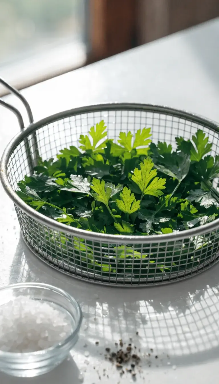 A close-up of chopped flat-leaf parsley being spread in a single even layer inside an air fryer basket. The parsley should look vibrant bright green, with a few delicate fronds catching the light. Include a small glass bowl of flaky sea salt and a tiny pinch of cracked black pepper nearby. Use natural window light, a clean white countertop, and a shallow depth of field to emphasize texture and crisp edges forming during the air-fry process.