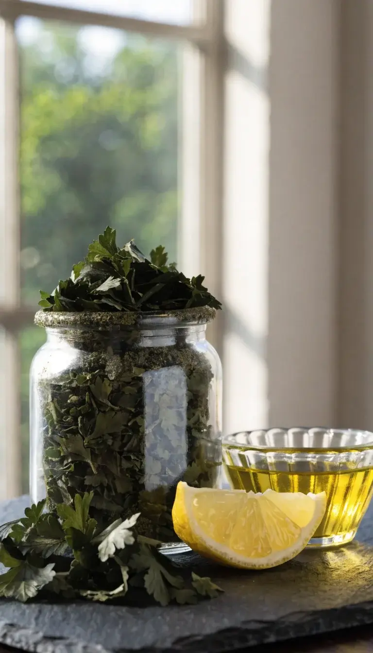 Still life plated presentation: a small, clear glass jar filled with perfectly dried parsley flakes next to a tiny ramekin of extra-virgin olive oil and a lemon wedge for a fresh finish. In the foreground, a delicate pile of dried parsley curls on a slate board, showing crisp, brittle edges and a deep emerald color. Natural daylight from a nearby window casts gentle shadows, with a clean, minimalist background to emphasize texture, color, and seasoning accents without clutter.