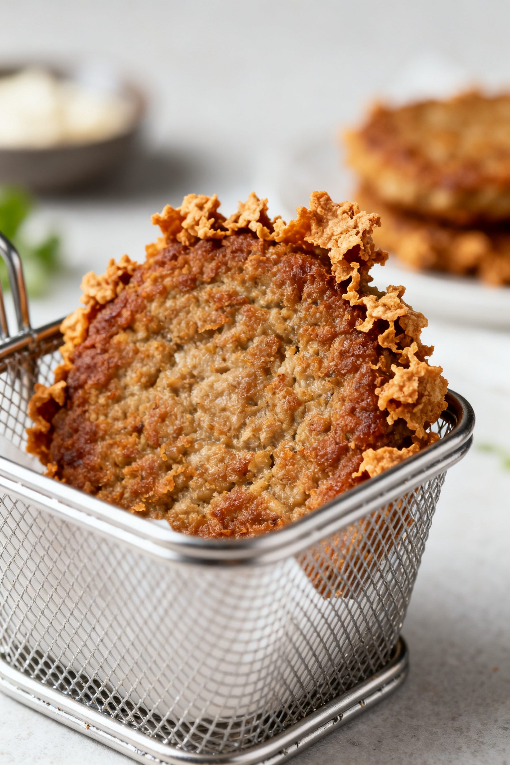 5 inch patty with craggy, crunchy edges, others softly blurred behind; clean, nonstick basket textur