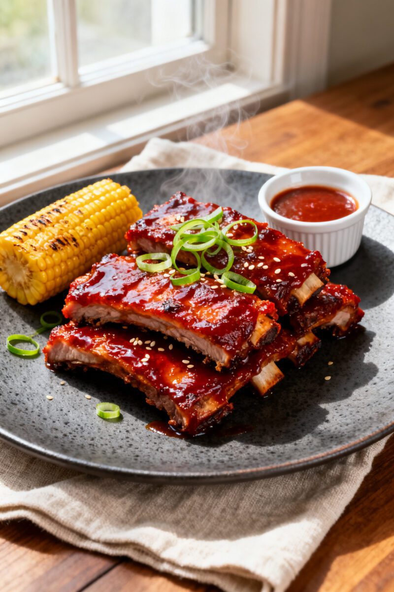 Beautifully plated final dish: saucy air fryer BBQ boneless pork ribs stacked on a matte charcoal pl