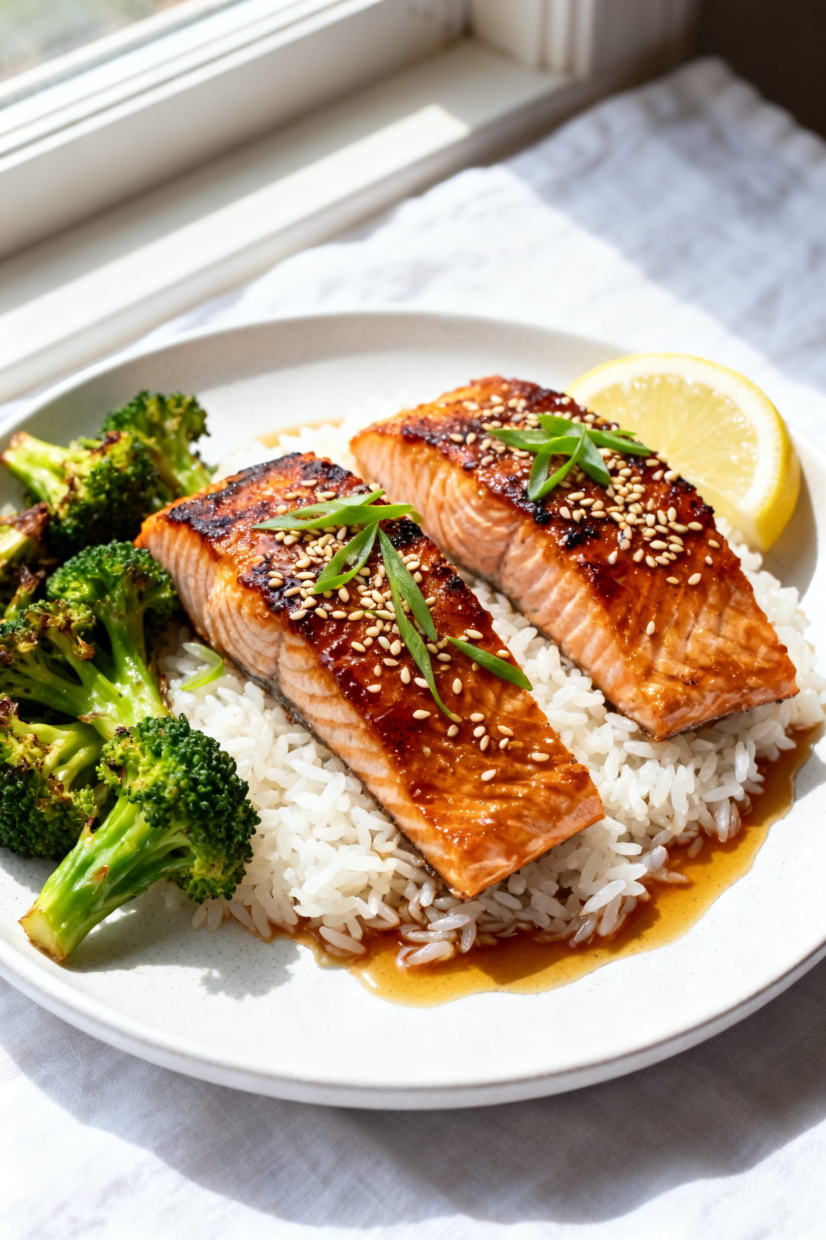 Beautifully plated final dish: two honey glazed salmon fillets with crisp, caramelized tops, sprinkl