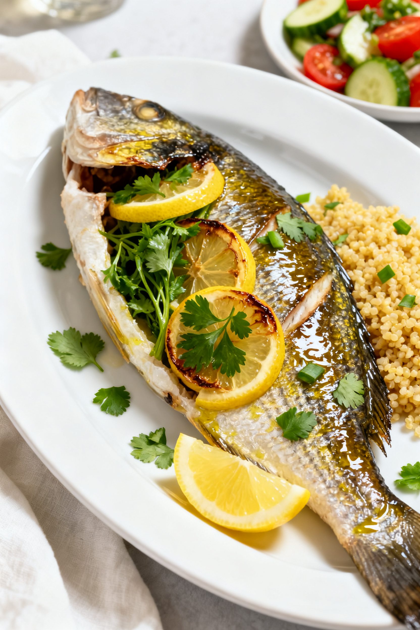 Beautifully plated whole tilapia, crisp skin intact and glossy from olive oil, served on a matte whi