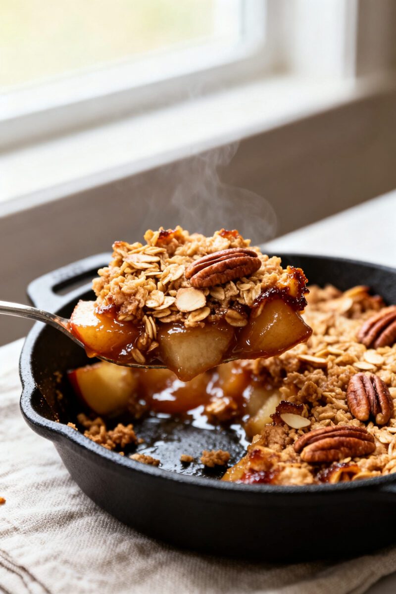 Close-up detail: A bubbling air fryer apple crisp just pulled from the basket, showing deep golden,