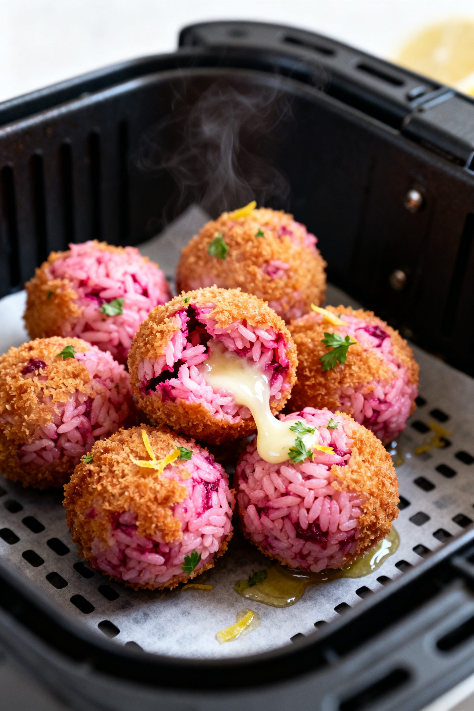 Close-up detail: A cluster of air-fried pink risotto balls just out of the basket, deep golden panko