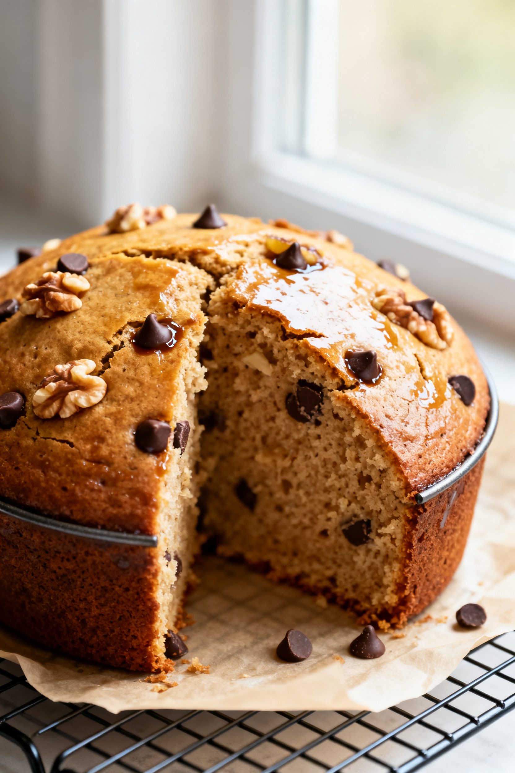 Close-up detail: A domed, golden-brown air fryer banana bread just lifted from a small 6–7 inch ro