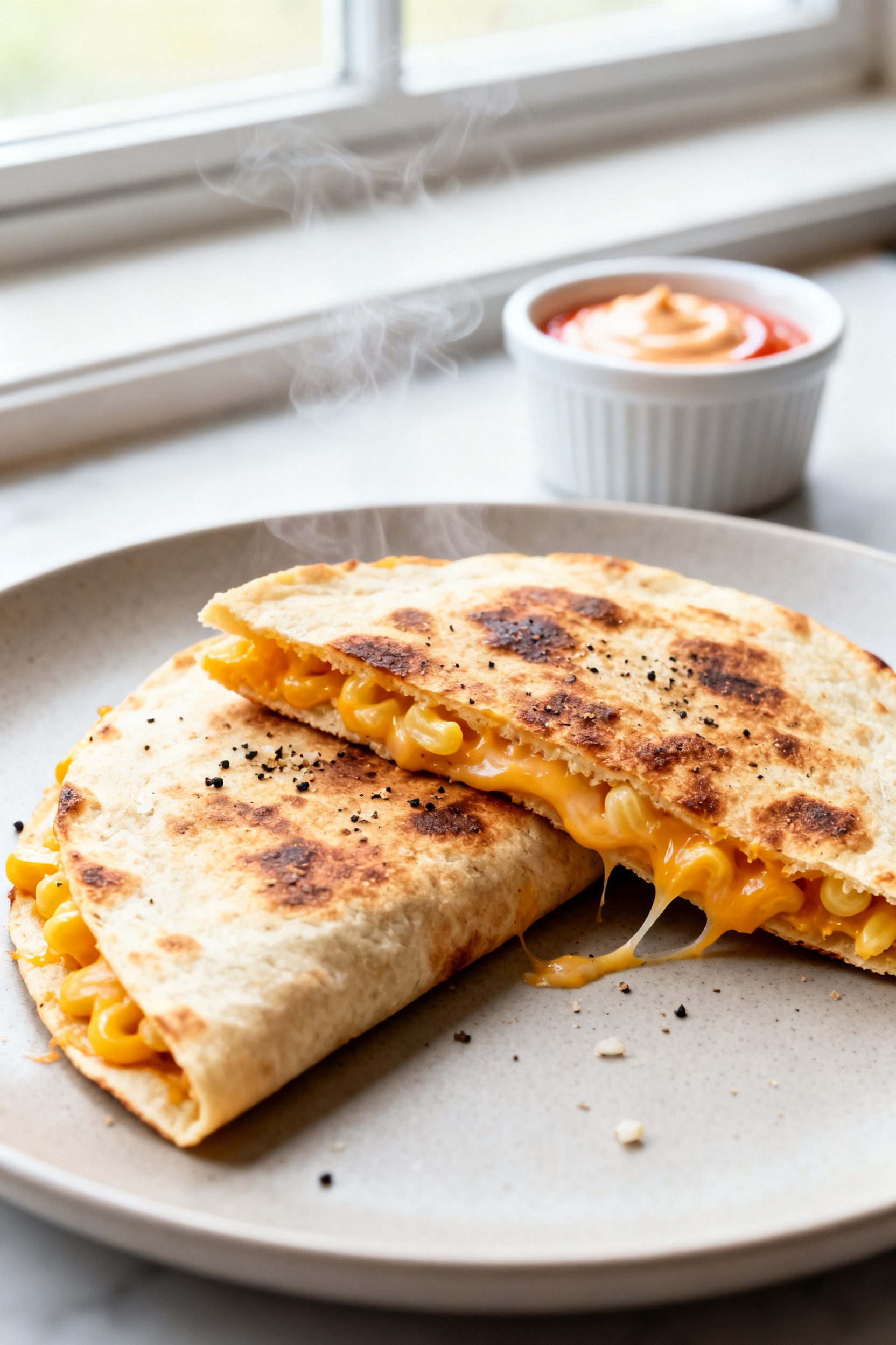 Close-up detail: A folded air fryer mac and cheese quesadilla just out of the basket, tortilla blist