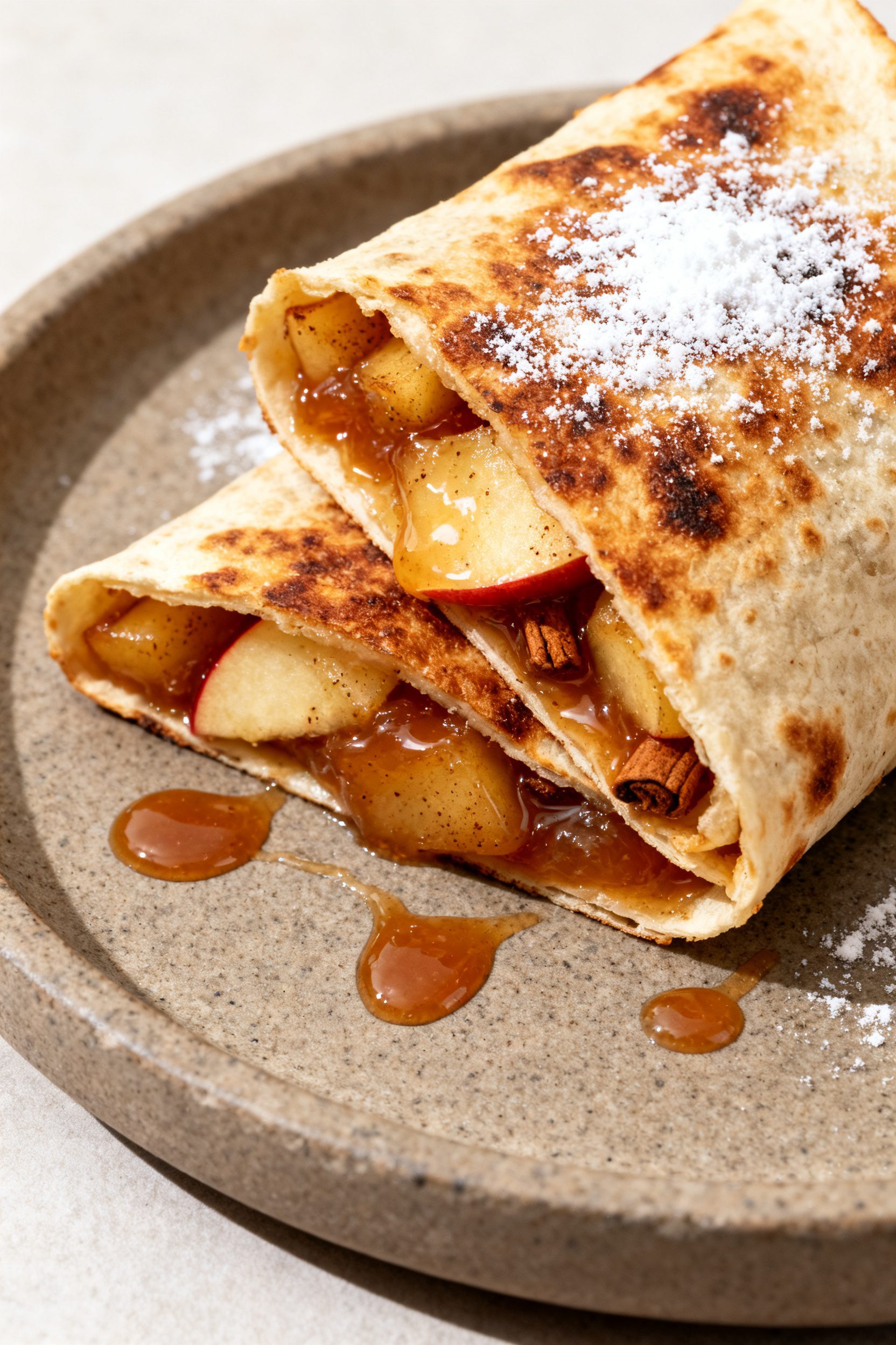 Close-up detail: A freshly air-fried apple tortilla wrap sliced on a bias, showing jammy, cinnamon-s
