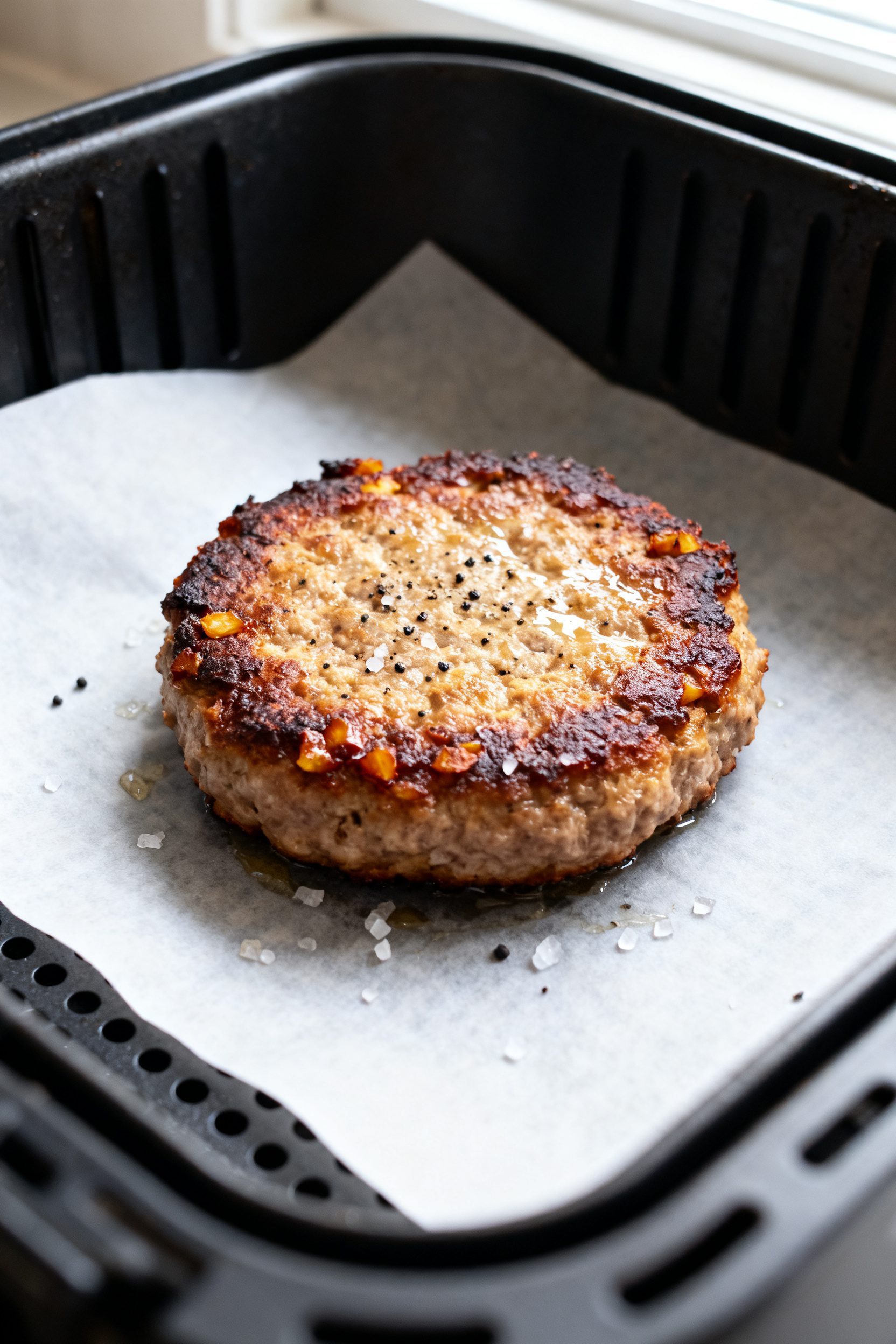 Close-up detail: A freshly air-fried Beyond Burger patty resting on a parchment-lined air fryer bask
