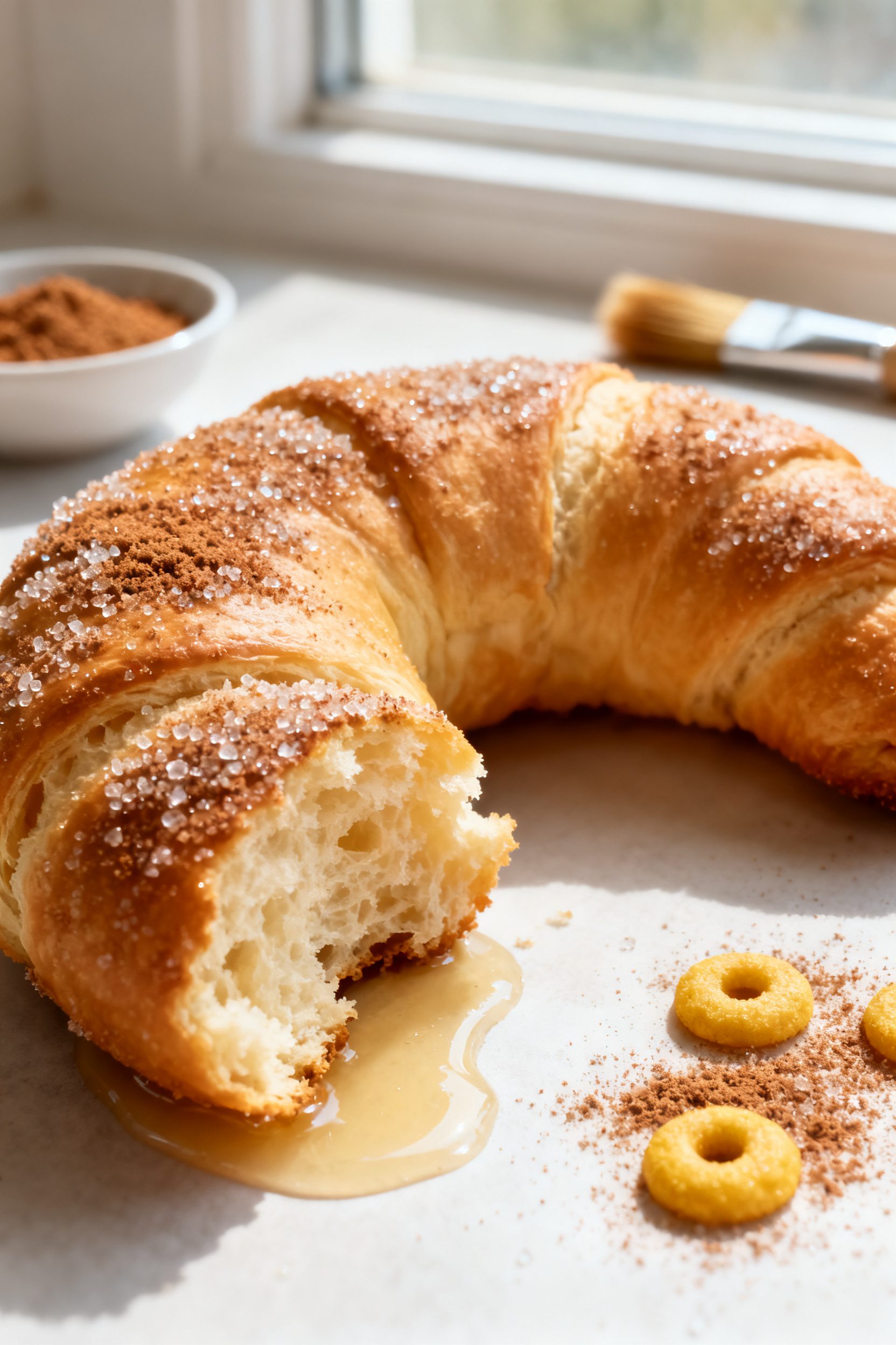 Close-up detail: A freshly air-fried crescent roll donut still warm, coated in sparkling cinnamon-su