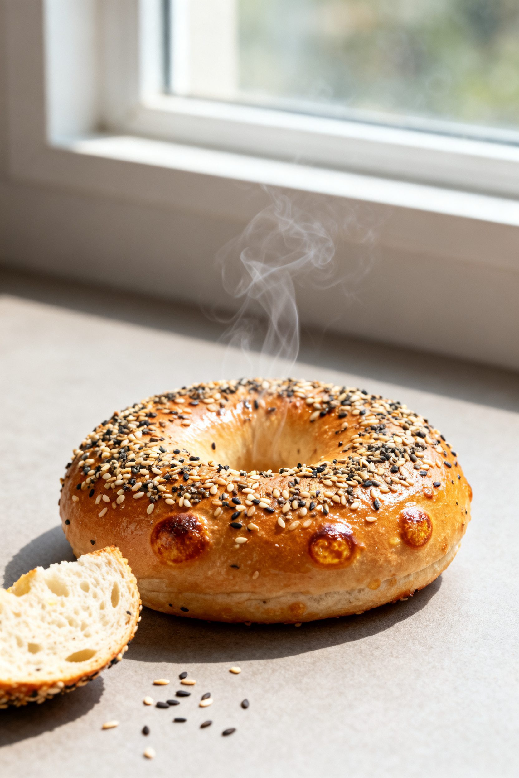 Close-up detail: A freshly air-fried high-protein bagel just out of the basket, golden-brown and glo