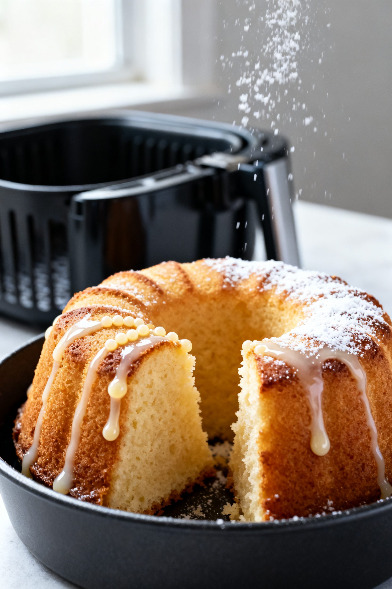 Close-up detail: A freshly air-fried mini vanilla cake just out of a 4–5 inch round pan, golden to