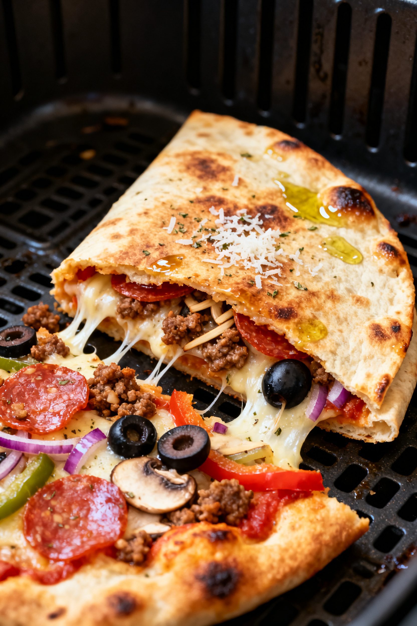 Close-up detail: A freshly air-fried supreme pizza quesadilla half-moon just out of the basket, tort