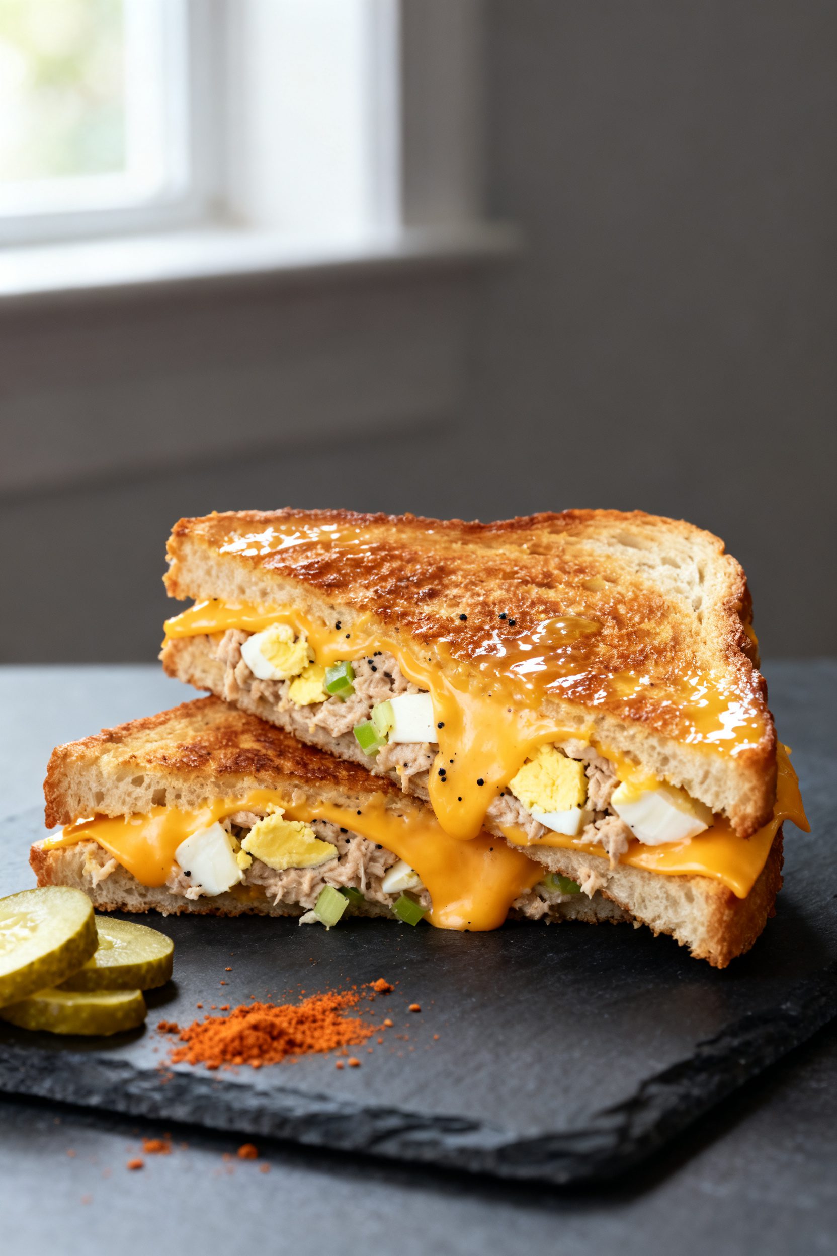 Close-up detail: A freshly air-fried tuna egg cheese sandwich slice, cut on the diagonal, oozing mel