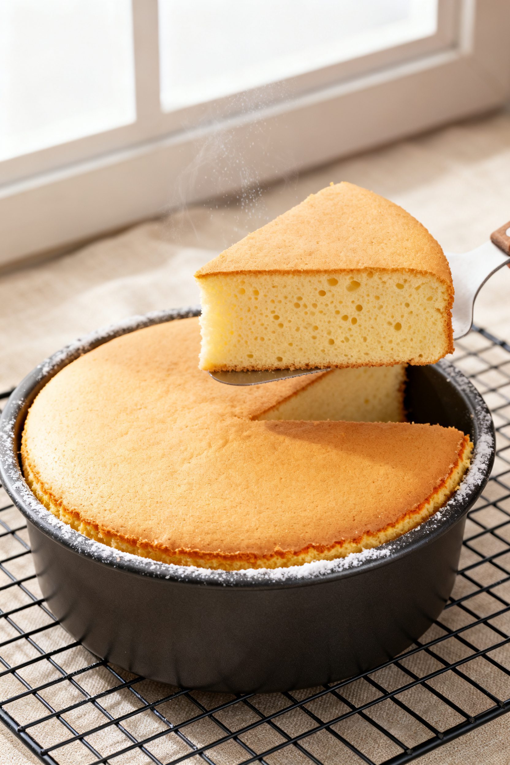 Close-up detail: A freshly baked air fryer sponge cake still in a 6–7 inch round pan, golden top w