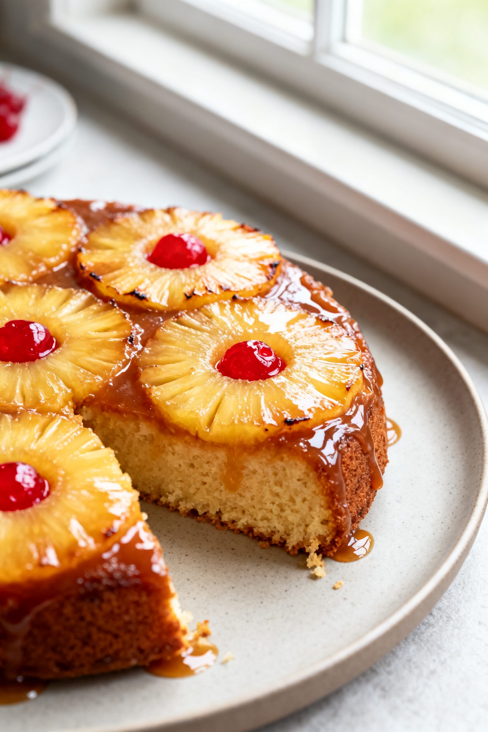 Close-up detail: A freshly inverted air fryer pineapple upside down cake still glistening with butte